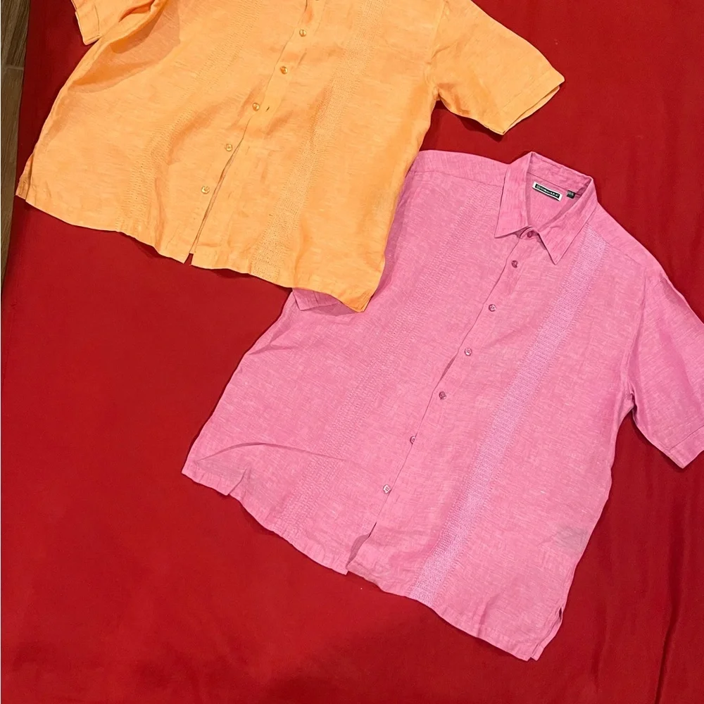 BUNDLE- get 2 Cubavera Men's Casual Button Down Shirts in Orange and Pink - Picture 2 of 6